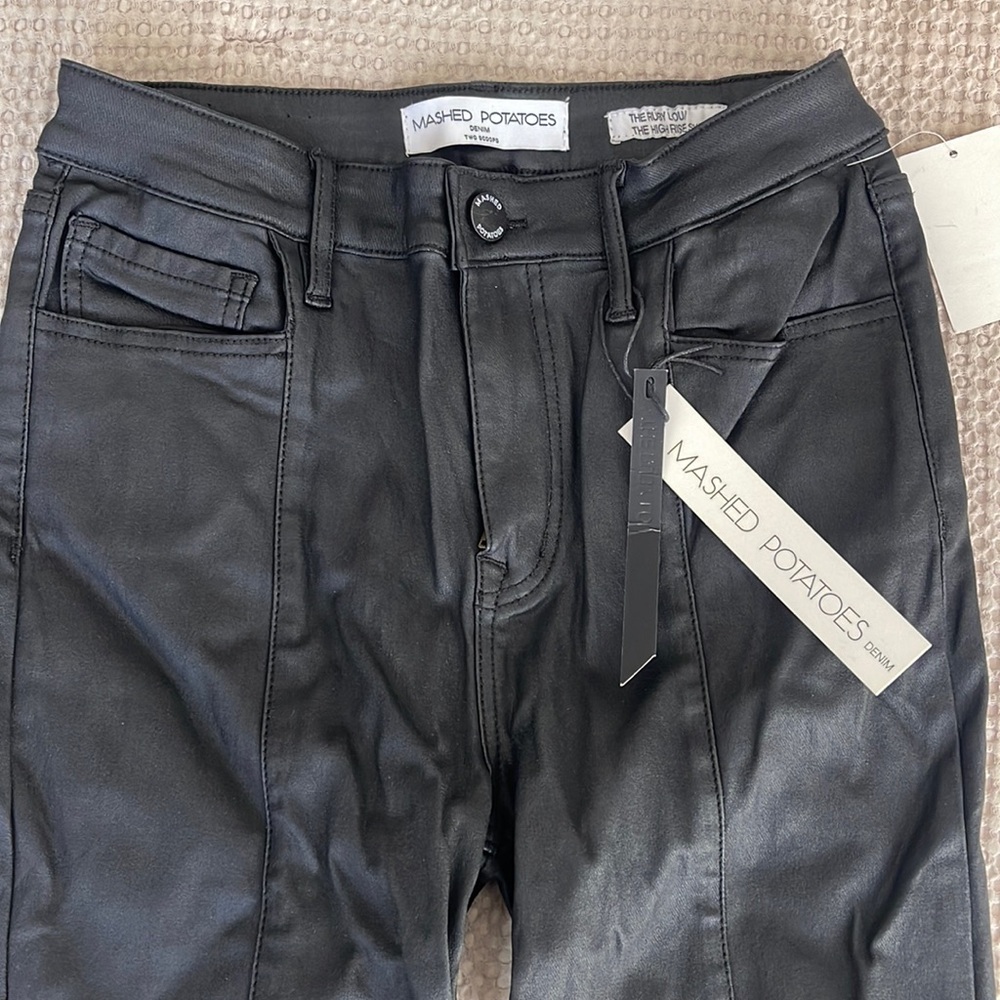 Boutique Leather Coated Slit Style Jeans Mashed Potatoes Denim NEW with tags